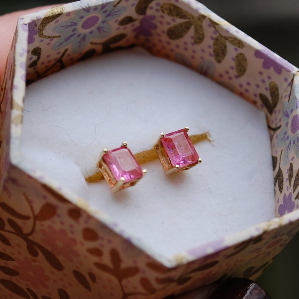 Genuine Pink Sapphire Baguette Stud 10k Yellow Gold Earrings